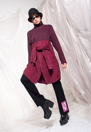 VINTAGE SHIRT DRESS REWORKED DECONSTRUCTED MAROON MIDI DRESS