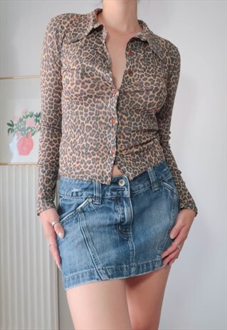VINTAGE Y2K LEOPARD BUTTON ON MESH SHIRT