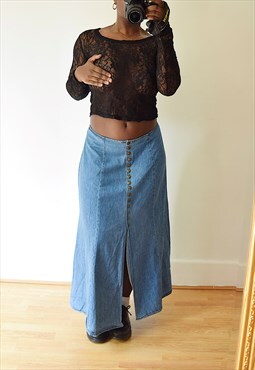 Vintage Low Waist Boho Denim Maxi Skirt 