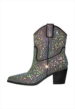 Rhinestone Pointed Toe Chunky Heel Ankle Boots