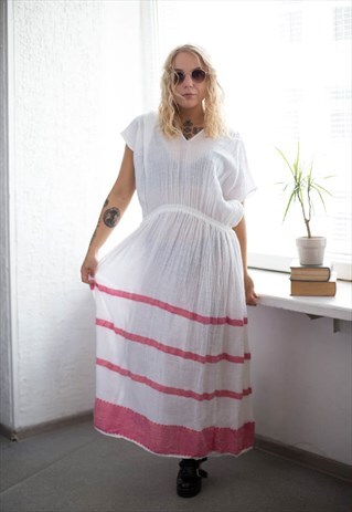 VINTAGE 70'S WHITE/PINK MAXI SUMMER DRESS