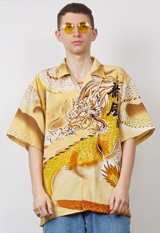 VINTAGE 90'S YELLOW CHINESE-INSPIRED PRINT SHIRT