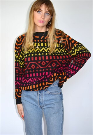 VINTAGE BLACK COLOURFUL PATTERN KNITTED JUMPER