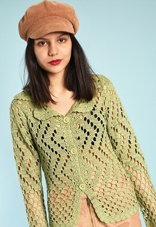 70'S RETRO BOHO STYLE CROCHET KNIT CARDIGAN