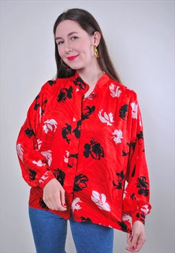 Flowers print women retro red long sleeve blouse 