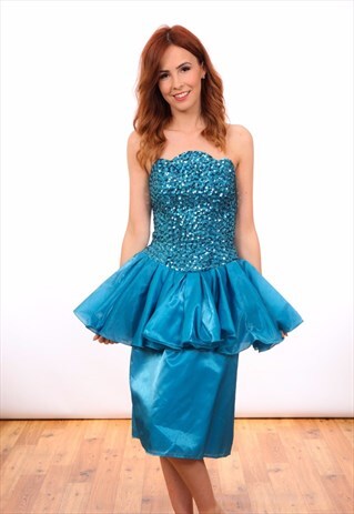 VINTAGE 2 TONE BLUE SEQUIN CLAM SHELL PEPLUM PENCIL DRESS