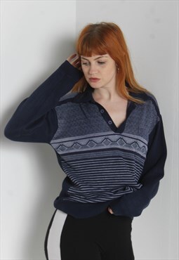 Vintage 80's Collared 1/4 Button Patterned Sweatshirt - Blue