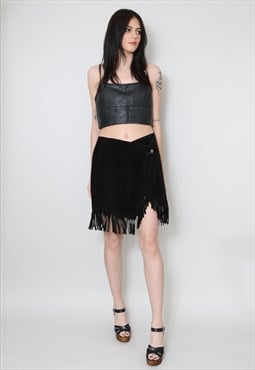 70's Ladies Black Suede Western Style Fringed Mini Skirt