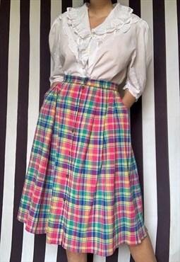 Vintage 80s midi multicoloured plaid tartan skirt, Uk12/14