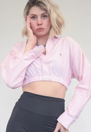 VINTAGE REWORKED RALPH LAUREN CROP TOP SHIRT IN PINK STRIPED