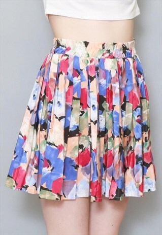 VINTAGE 1990S MULTI COLOURED FLORAL PLEATED SKATER SKIRT