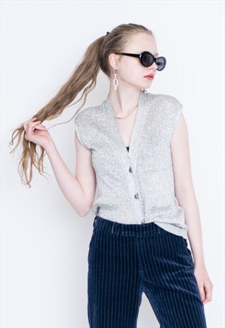 VINTAGE GREY SHINY SLEEVELESS RETRO BLOUSE