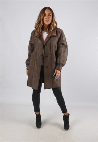 VINTAGE SHEEPSKIN LEATHER SHEARLING COAT UK 18 XXL (94Q)