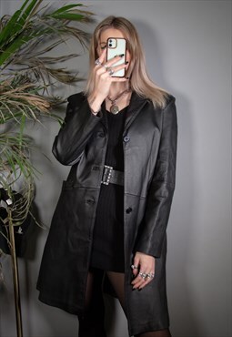 Black Leather Long Line Y2K Jacket