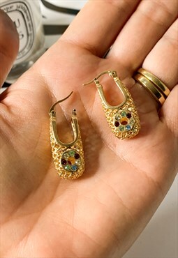 1980's Gem Cutwork Gold Hoop Earrings