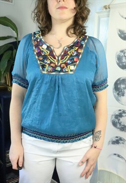 Vintage Y2K Turquoise Monochrome Beaded V Shirt Blouse Top