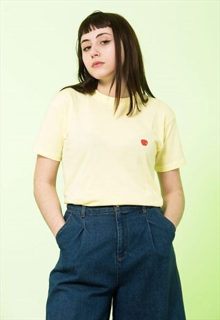 T-SHIRT PASTEL YELLOW APPLE EMBROIDERED WOMENS