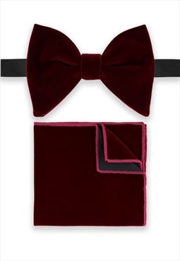 Mens Burgundy Red Oversized Velvet Bow Tie & Pocket Square