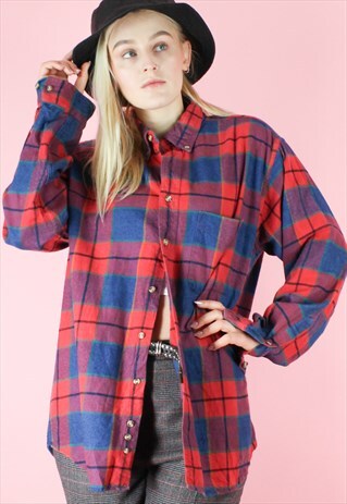VINTAGE 90S FLANNEL SHIRT CHECK OVERSIZED RED BLUE