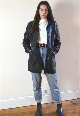 1990S VINTAGE BLACK BUTTON UP LEATHER JACKET