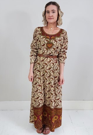 VINTAGE 90'S BURGUNDY AND CREAM PAISLEY MAXI DRESS