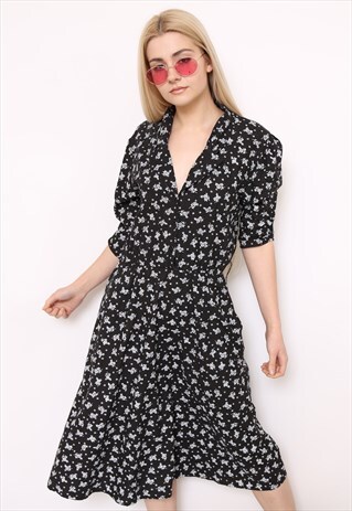 VINTAGE 90S BLACK FLORAL PRINT MIDI SHIRT DRESS