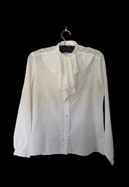 70's Vintage White Long Sleeve Ruffle Ladies Blouse