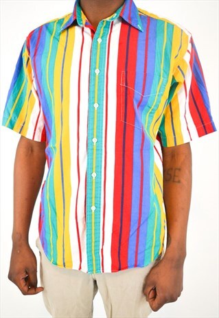 90S COLORFUL STRIPED BUTTON UP T-SHIRT