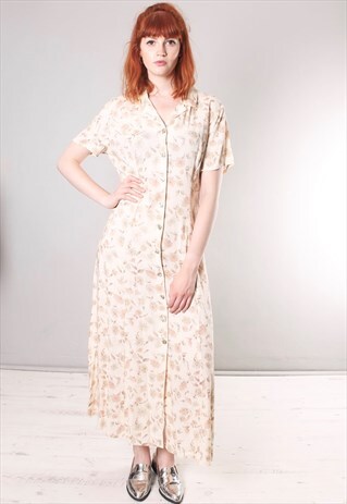 VINTAGE 90S BEIGE FLORAL BUTTON THROUGH MAXI DRESS