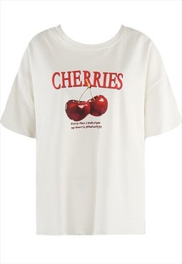 Cherries Slogan Round Neck T-Shirt In White 