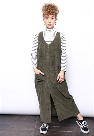 VINTAGE 90S BROWN CORD CORDUROY PINAFORE MIDI DRESS