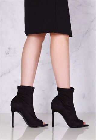 STILETTO PEEPTOE ANKLEBOOT IN BLACK SUEDE