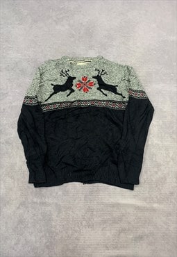 Vintage Knitted Jumper Reindeer Patterned Grandad Sweater