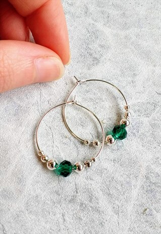 GREEN FACETED CRYSTAL BEAD HOOP EARRINGS