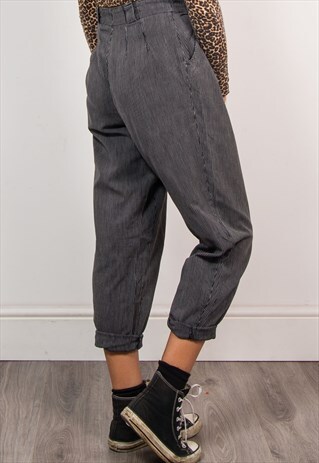 VINTAGE 90'S GREY PINSTRIPE HIGH WAIST TAPERED TROUSERS