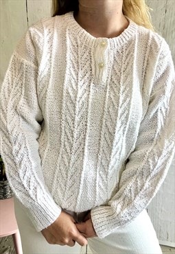 Vintage White Thin Button 80's Cableknit Jumper