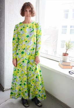 Vintage Bohemian Green Abstract Print Long Sleeved Dress