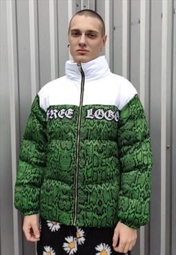 Snake print bomber python puffer rave jacket in green white