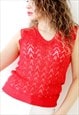 RED KNIT TOP SEE THROUGH OPEN KNITTED SLEEVELESS VEST 