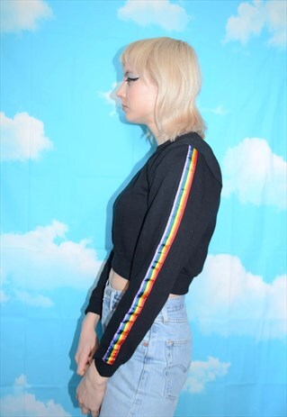Vintage 90's Cropped Black Sweatshirt w/ Rainbow Stripe