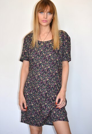 VINTAGE 90S BLACK FLORAL PRINT SHORT SLEEVE MINI DRESS