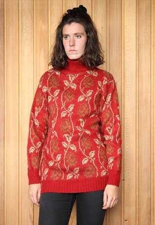 VINTAGE 1980S RED PATTERNED TURTLE NECK JUMPER