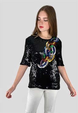 Frank Usher Vintage 80's Short Sleeve Black Sequin Top