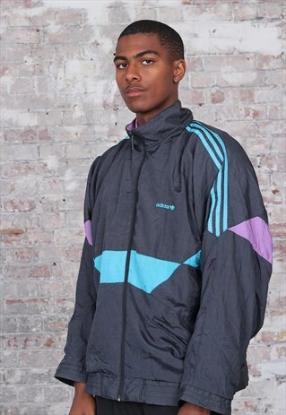 VINTAGE ADIDAS LOGO TRACK 3 STRIPE JACKET GREY TURQUIOSE