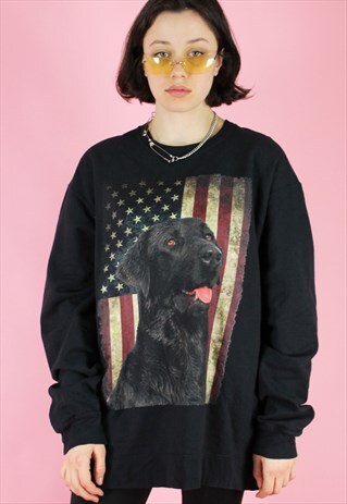 VINTAGE 90S SWEATSHIRT JUMPER IN BLACK WITH USA DOG PRINT