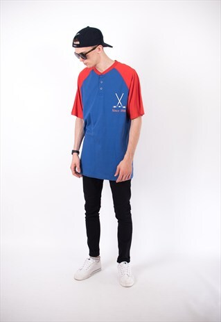VINTAGE 90S COLOUR BLOCK 1/4 BUTTON HOCKEY T-SHIRT