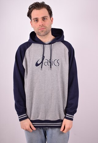 ASICS MENS VINTAGE HOODIE JUMPER LARGE GREY 90S