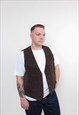 VINTAGE LEATHER VEST, 80S BUTTON UP BROWN SUEDE TOP 
