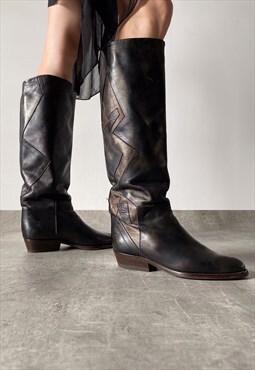 Vintage Y2K 00s real leather boots in black and gold