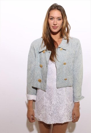 VINTAGE 1990'S 90'S BOXY PASTEL BLUE TWEED HEARTS JACKET M-L